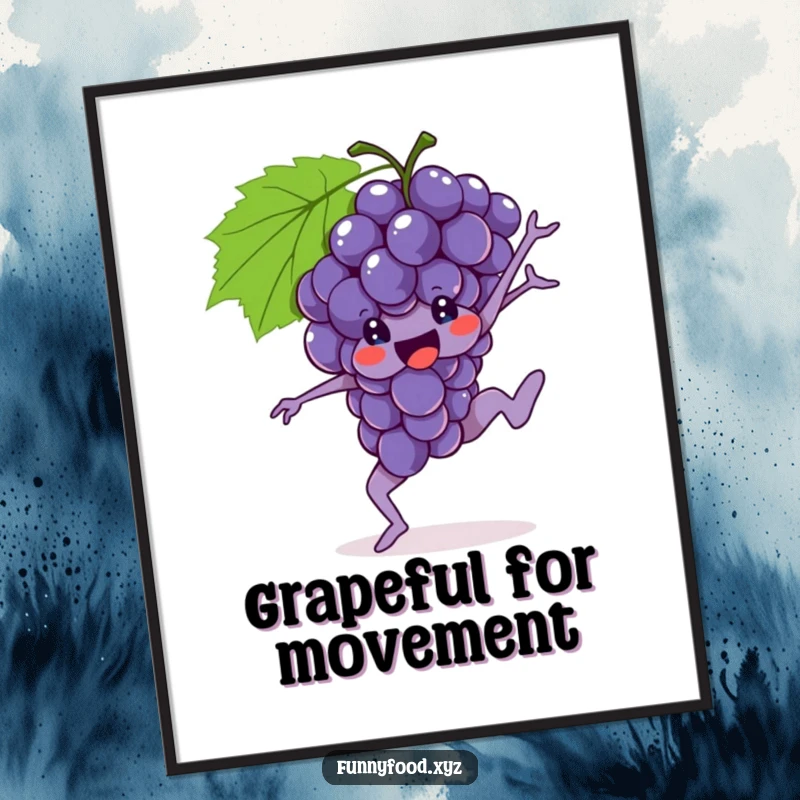 Funny Grapes Digital Art Print of a brave bunch of grapes performing a gymnastic move, full of athletic flair.