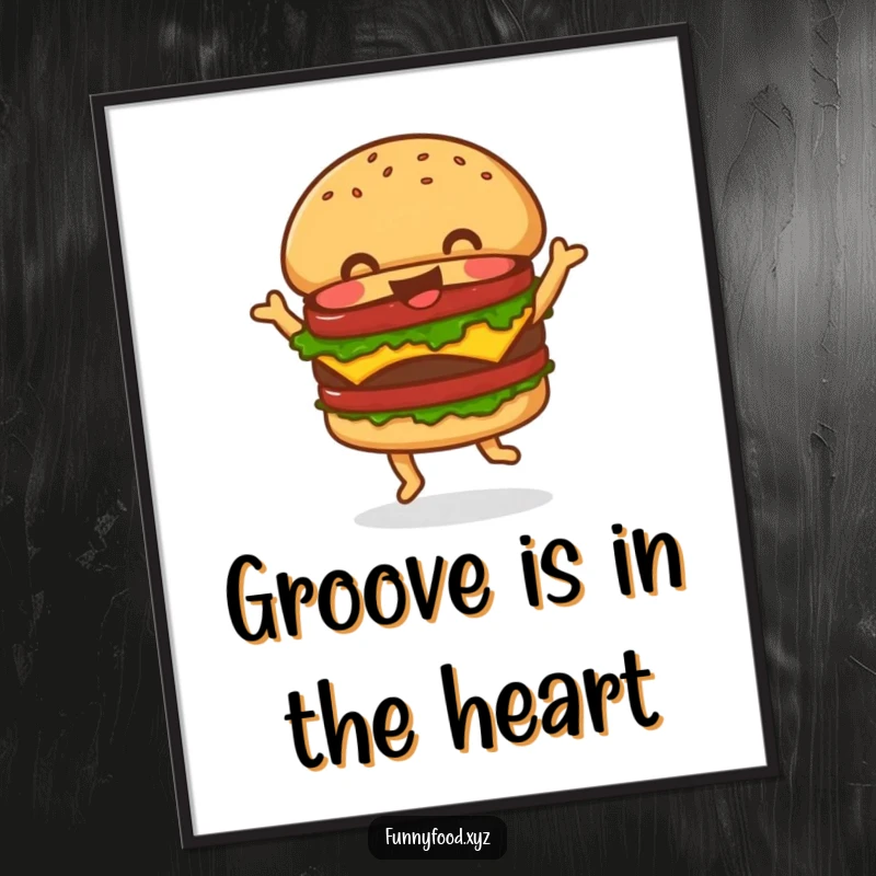 Funny Digital Art Print of a jolly hamburger performing a joyful dance, capturing a moment of pure, humorous delight for easy home decor.