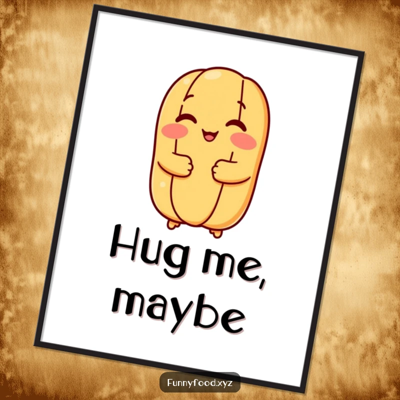 Funny hot dog bun digital art print of a happy bun giving a warm hug, ideal for instant, cheerful home decor.