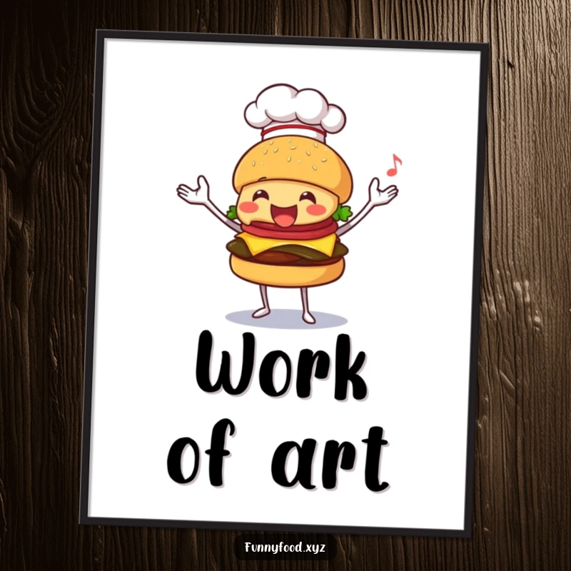 Funny digital art print of a happy burger chef juggling, capturing a moment of pure culinary skill and joy.