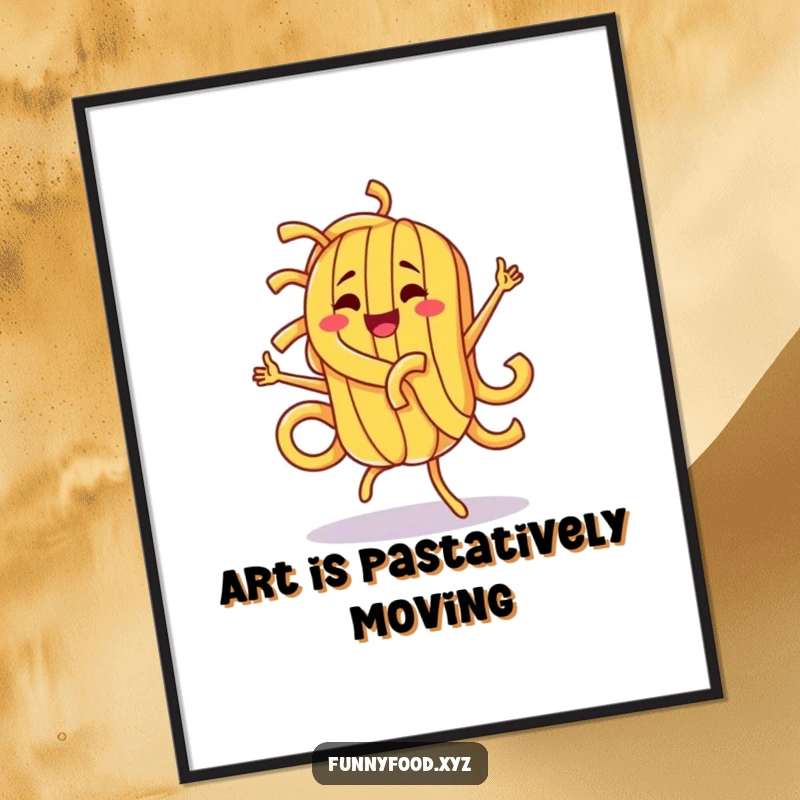 Funny pasta character captured in a hilarious, silly dance, ideal for printable wall art to bring instant humor.