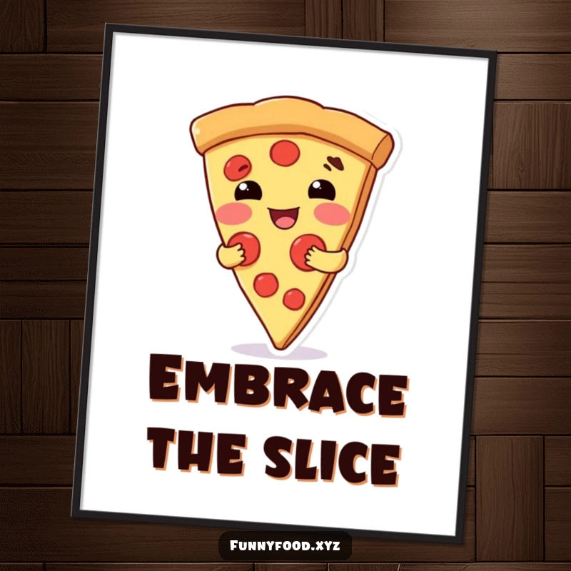 Funny digital art print of a happy pizza slice character giving a big, warm hug, perfect for adding cheer.