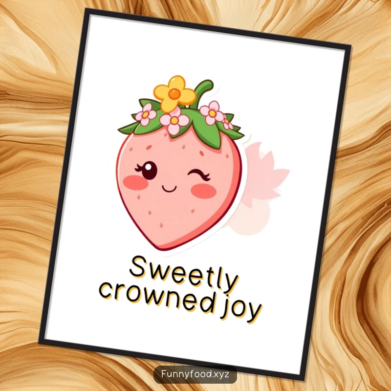 Funny digital art print of a smiling strawberry character wearing a delicate flower crown, exuding sweetness.