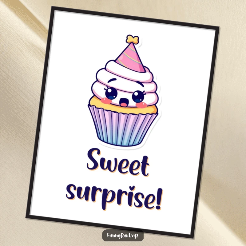 Funny digital art print showing a surprised cupcake wearing a party hat, its expression conveying delightful shock.