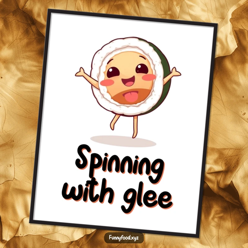 Funny digital art print of a happy sushi roll performing a dynamic cartwheel, bringing instant cheer and humor.