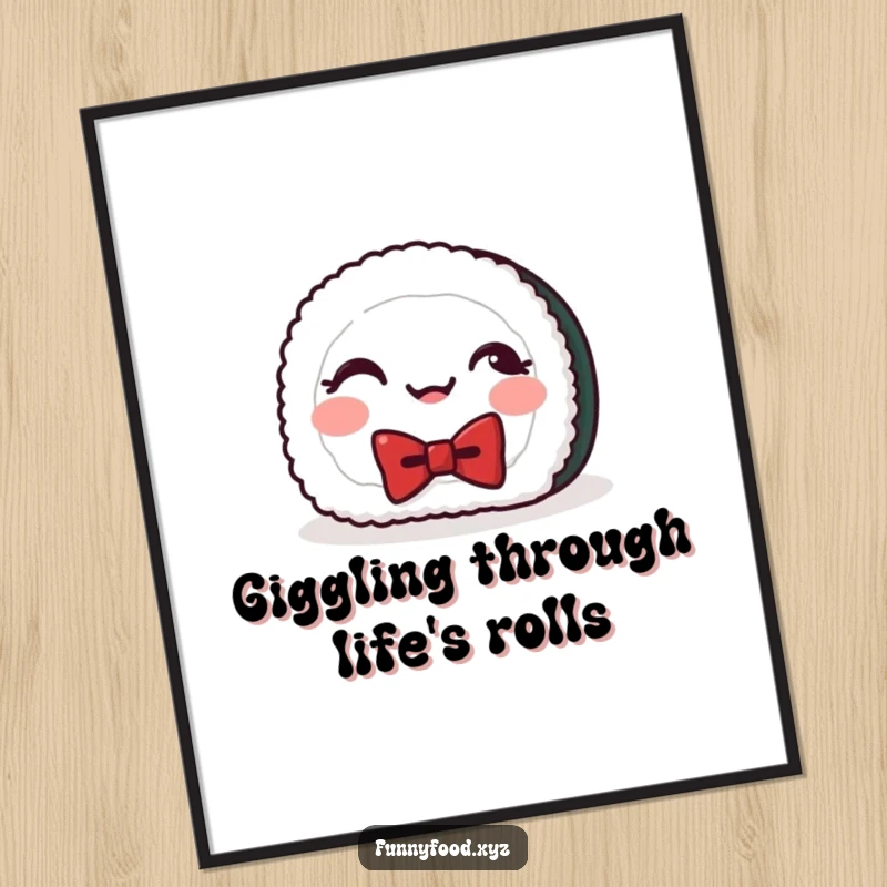 Funny digital art print of a giggling sushi roll with a bowtie, offering instant Japanese-inspired humorous decor.