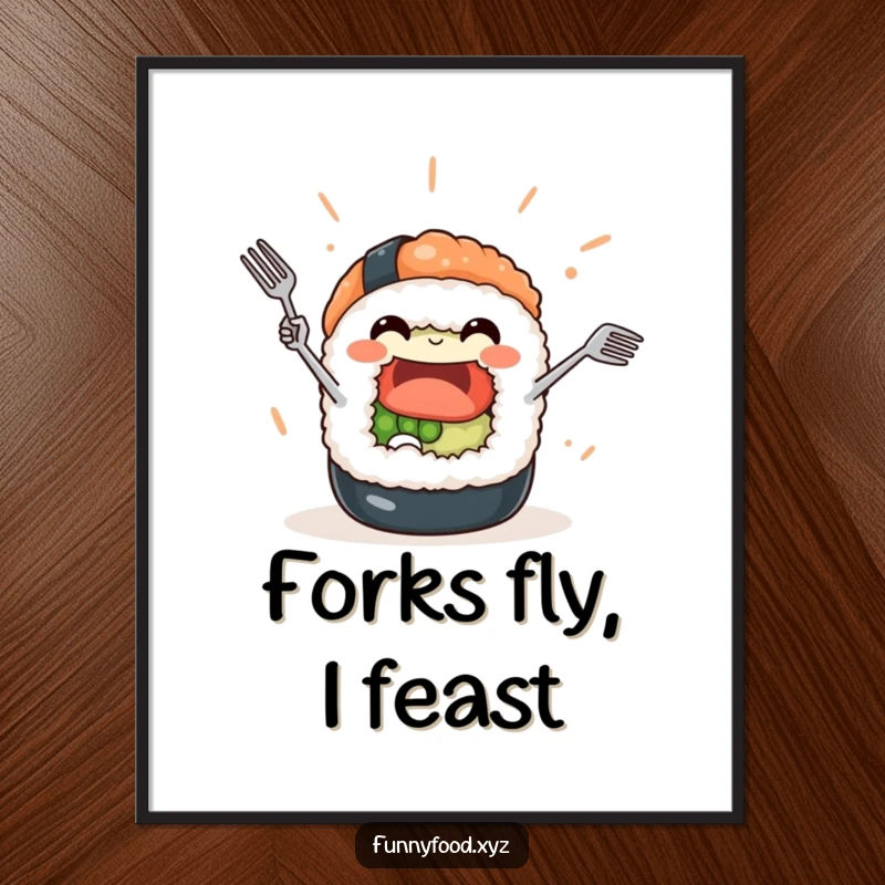 Funny Sushi Roll Digital Art Print: A cheerful sushi character juggles tiny forks, offering a vibrant and funny digital decoration.