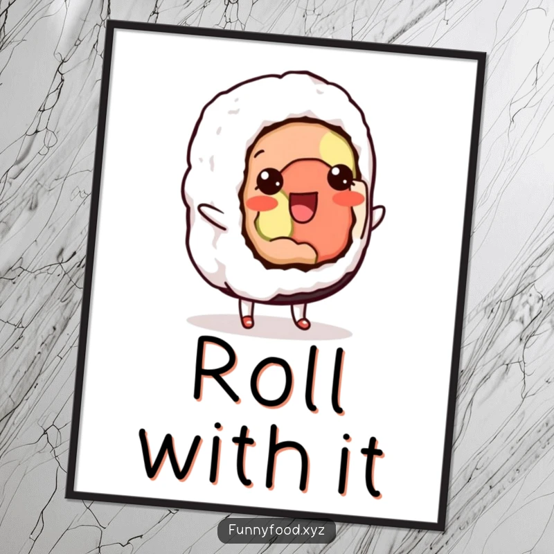 Funny digital art print of a delighted sushi roll doing a charming shuffle, capturing a moment of pure, delightful movement.