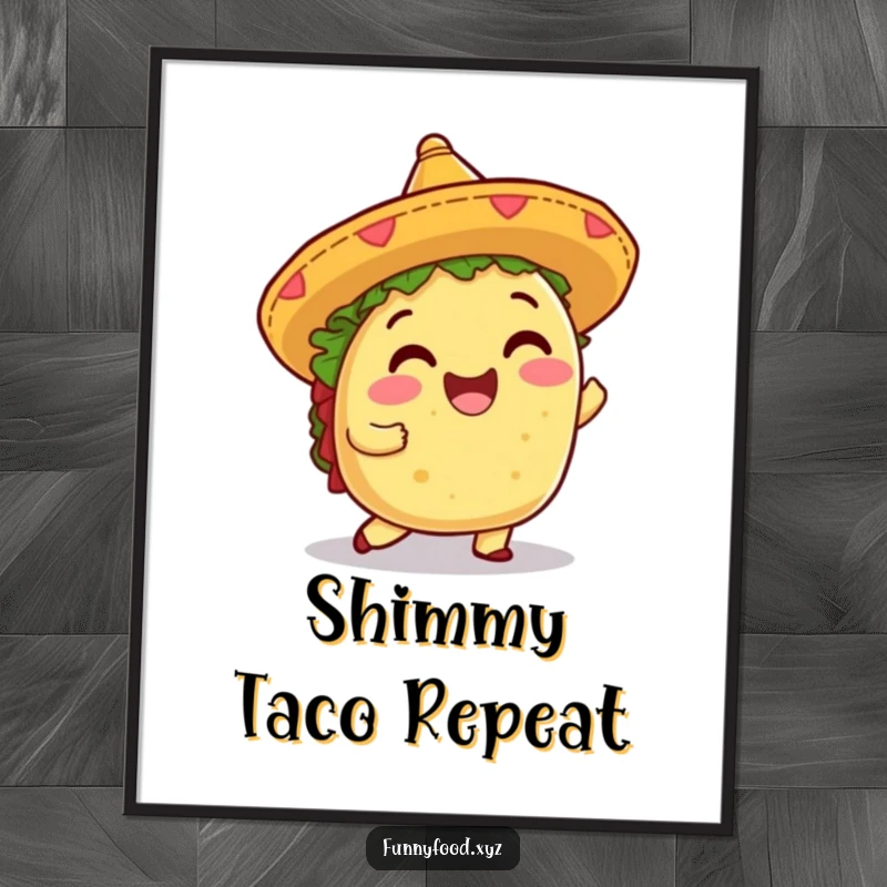 Funny digital art print of a shimmying taco in a sombrero, offering instant festive and humorous wall decor.