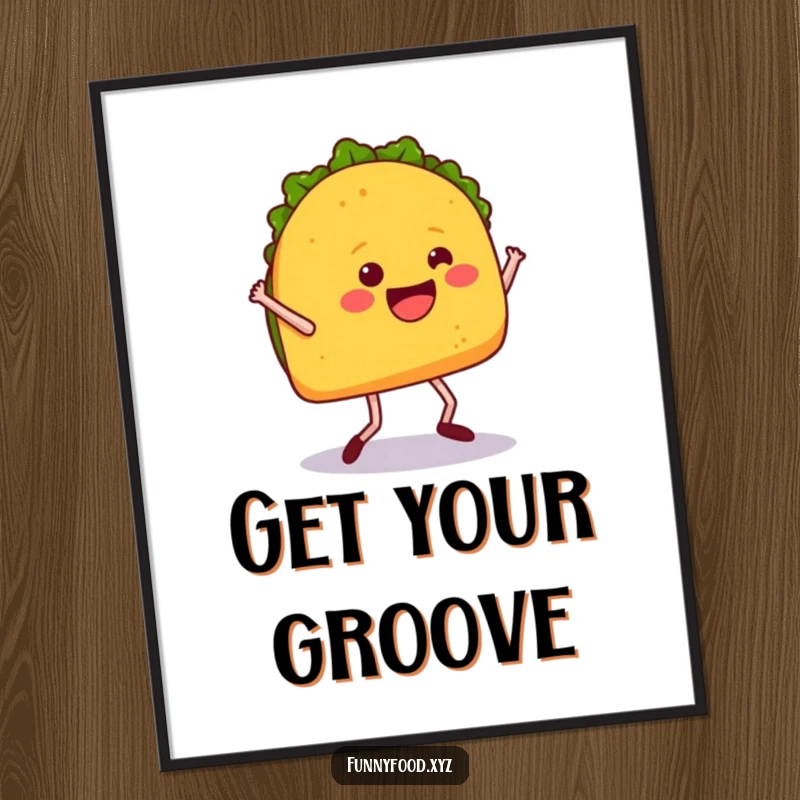 Funny digital art print of a happy taco with legs dancing energetically, ready to bring fiesta vibes and humor home.