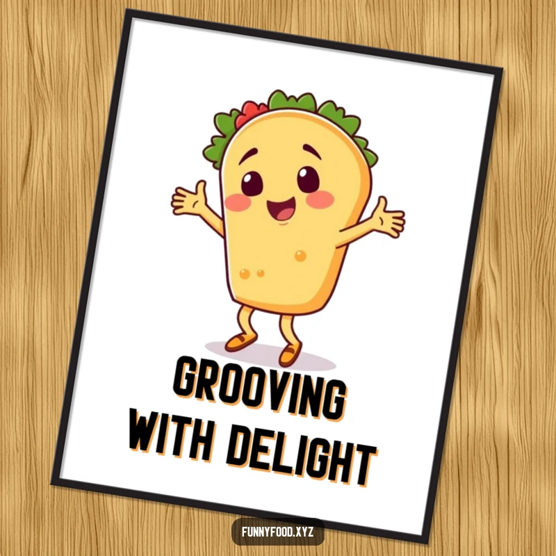 A digital art print of a funny taco person joyfully performing a silly dance, ready to print.