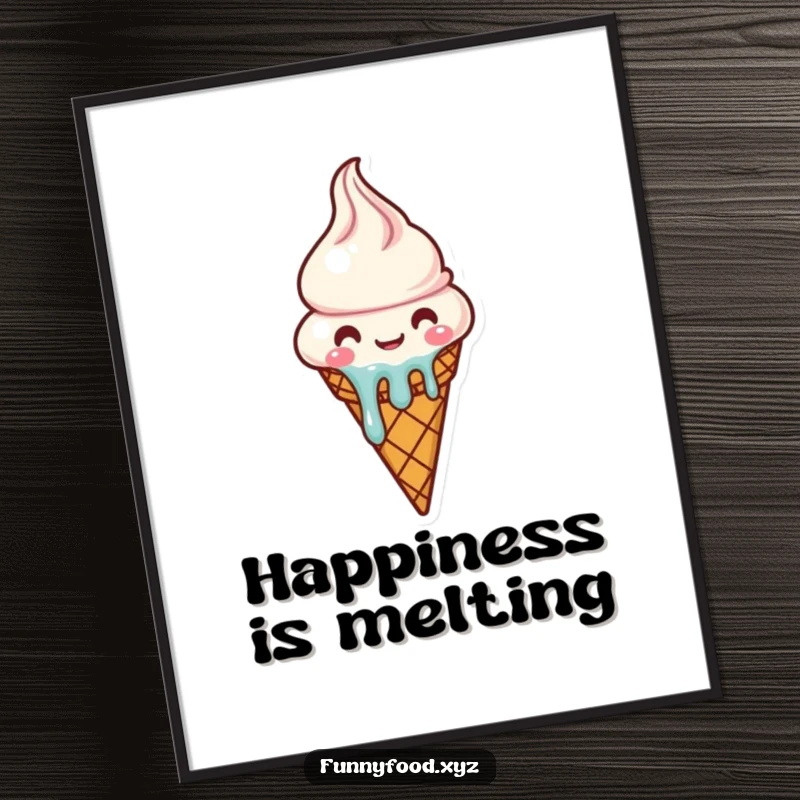 Funny melting ice cream cone digital art print, cheerful and vibrant illustration.