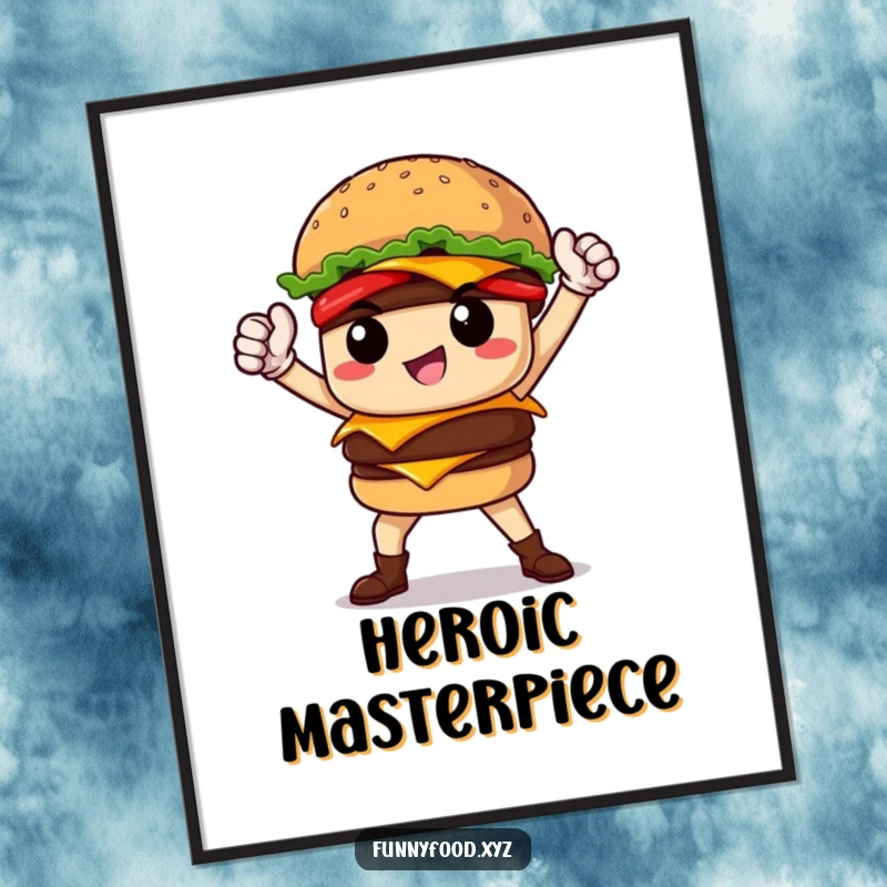 Funny proud burger hero striking a heroic pose, perfect for printable wall art to add instant bold humor.