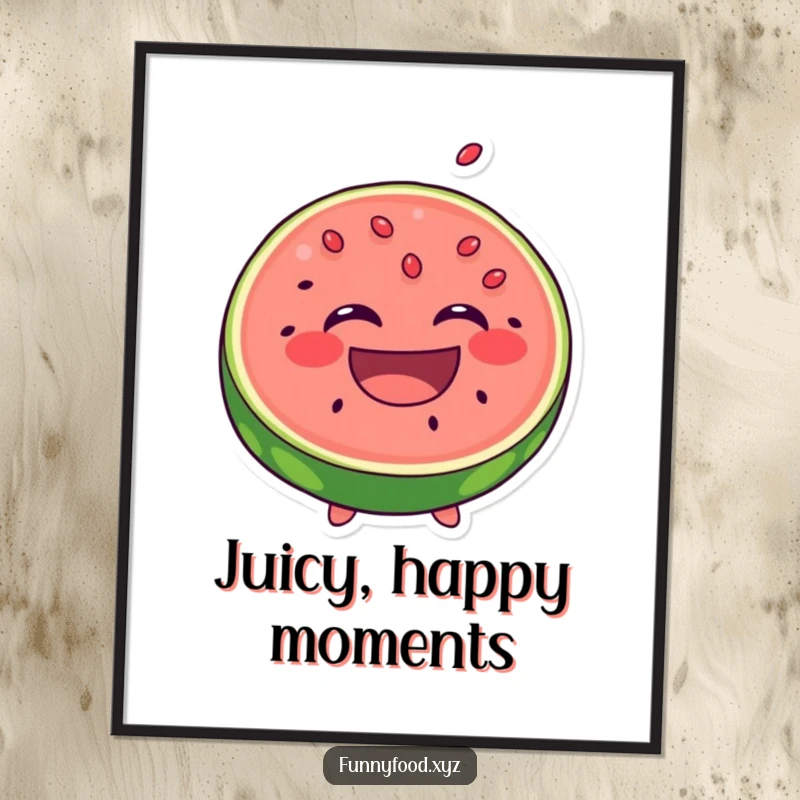 Funny Laughing Watermelon Digital Art Print: A happy slice of watermelon laughs with seeds popping out, instant funny summer decor.