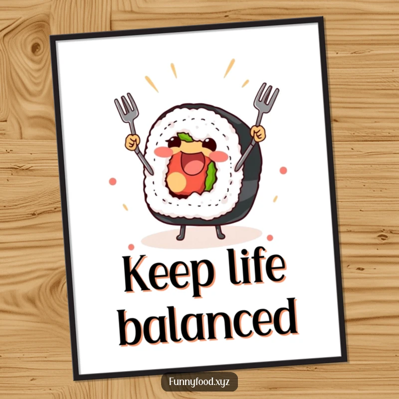 Funny digital art print of a sushi roll juggling forks, bringing instant Japanese fun.