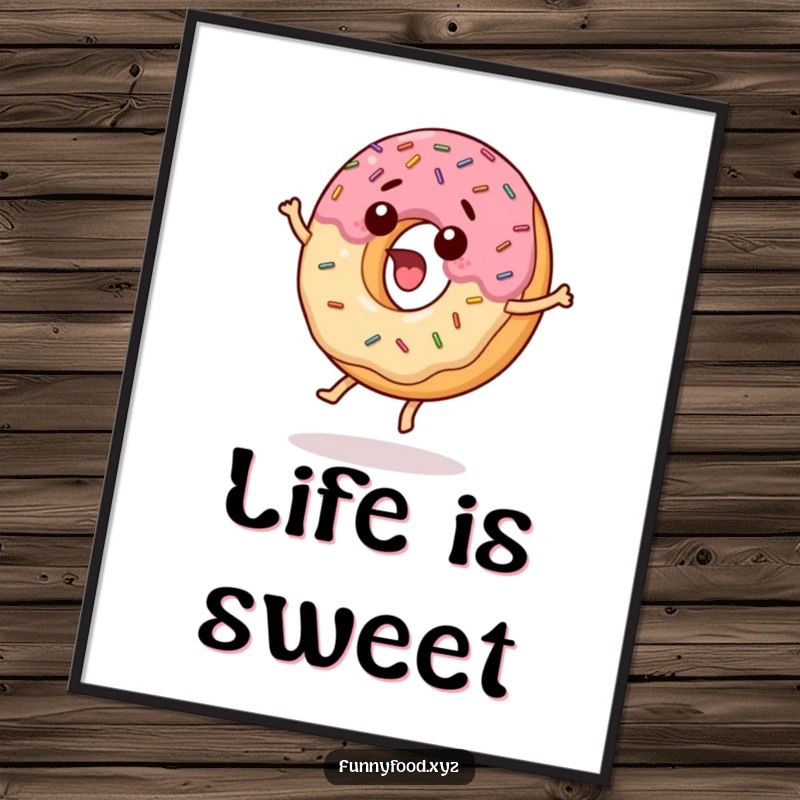 Funny digital art print of a surprised donut with sprinkles jumping, capturing a moment of pure, delightful excitement.