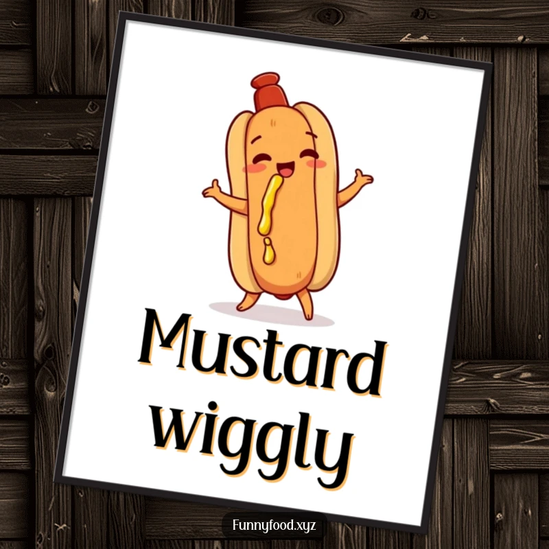 Funny hot dog digital art print, doing a playful shimmy, with mustard dribbling, vibrant and humorous food-themed wall art.