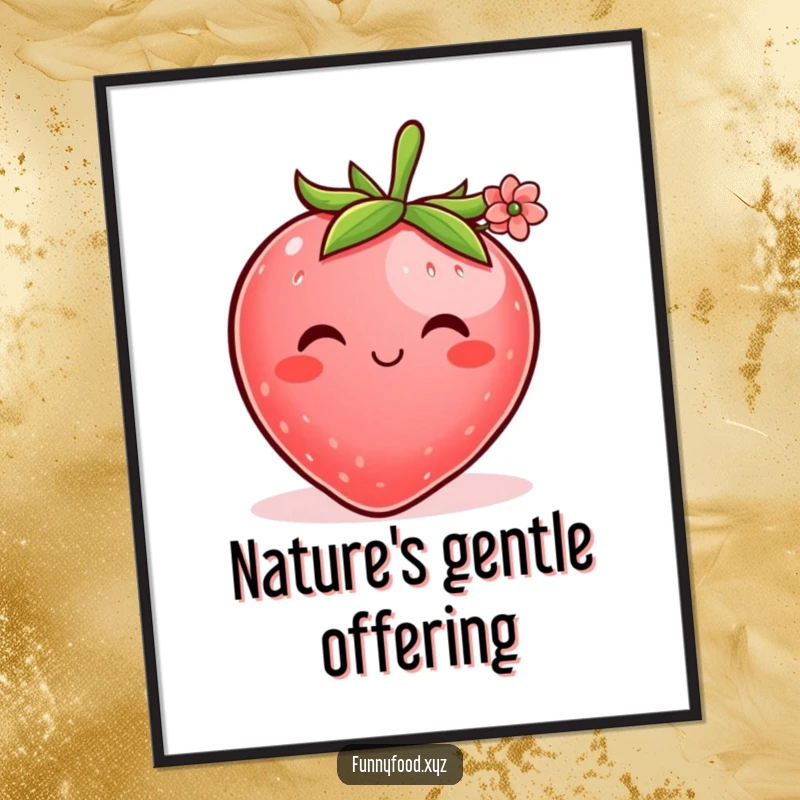 Funny digital art print of a plump, shy strawberry offering a delicate flower, conveying sweetness and kindness.