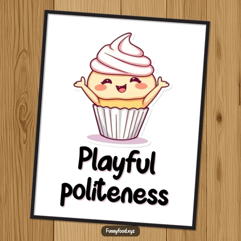 Funny cupcake digital art print of a giggling cupcake in a playful bow, perfect for instant sweet decor. Great funny gift.