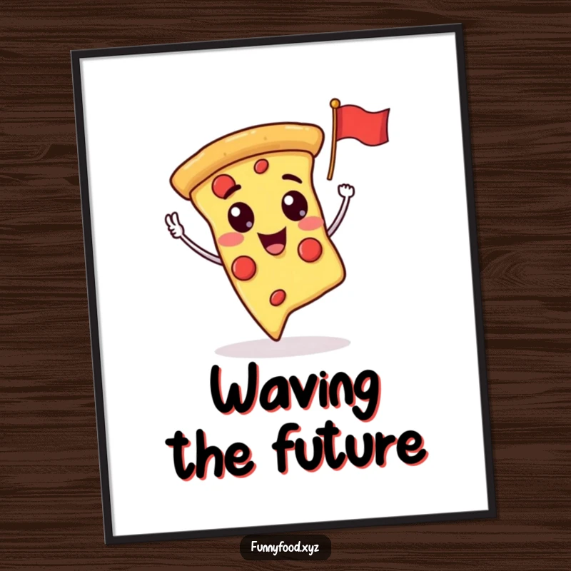 A digital art print of a funny, smiling pizza slice waving a tiny flag, ready to be printed.