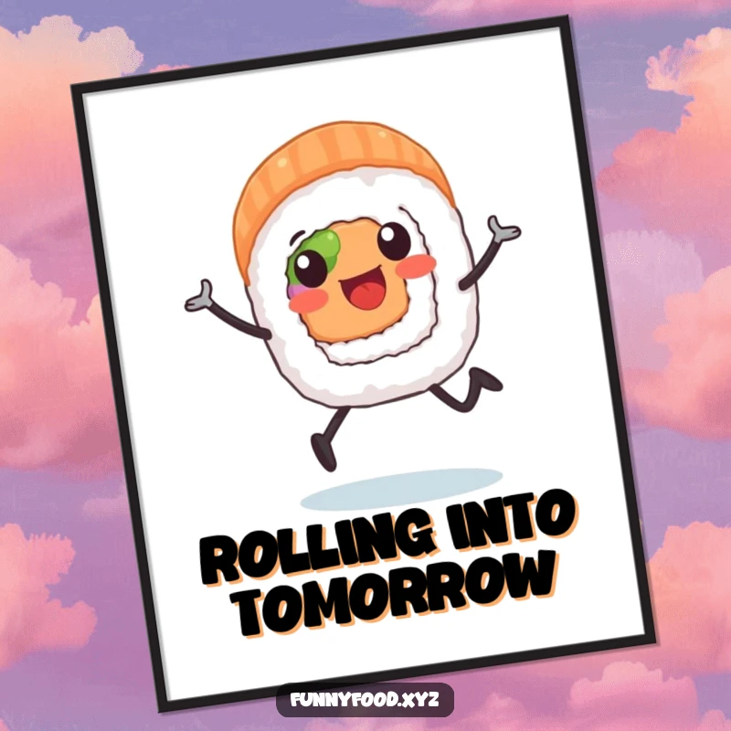 A digital art print of a happy sushi roll with legs running enthusiastically, ready for printing.