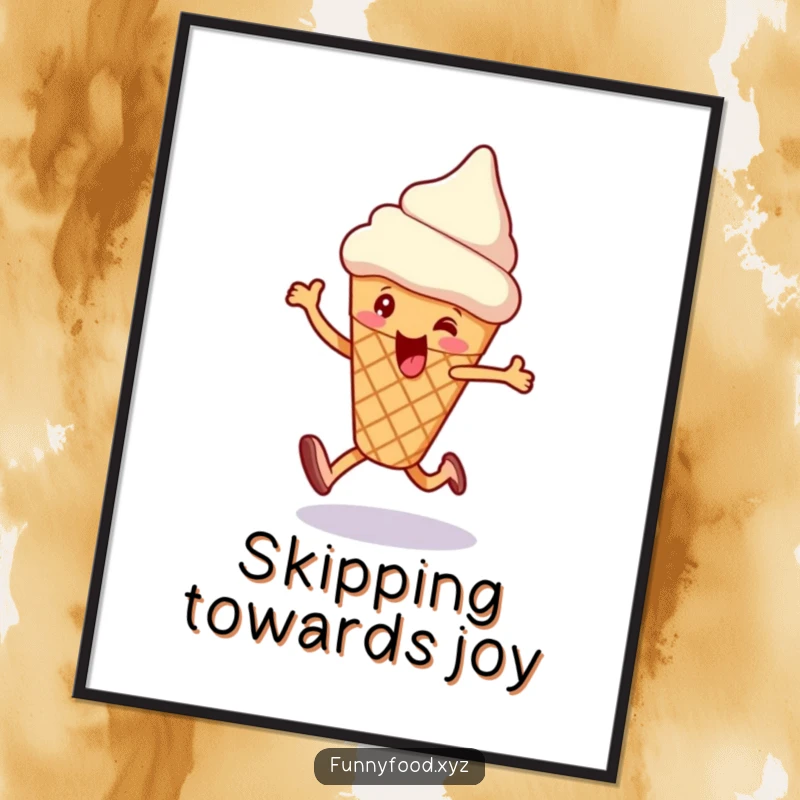 Funny digital art print of a happy skipping ice cream cone, offering instant sweet and humorous decor.