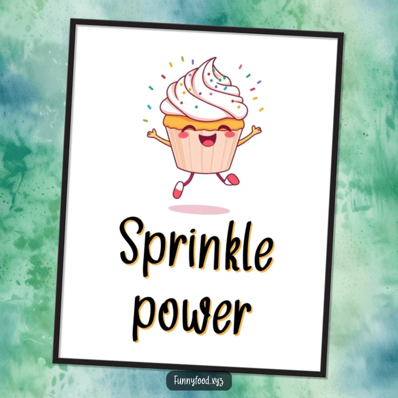 Funny cupcake digital art print of a cheerful cupcake character skipping with sprinkles flying, ready for download.