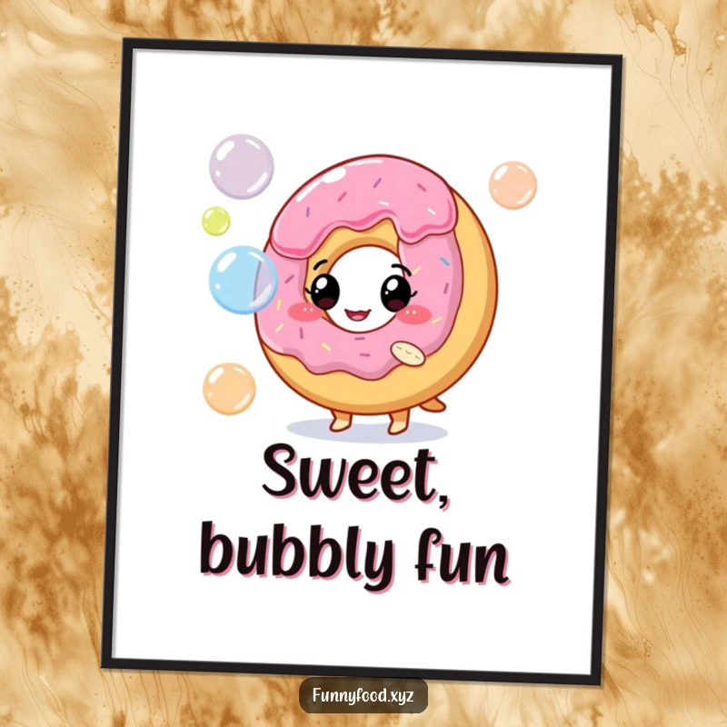 Funny digital art print of a happy donut character blowing a stream of vibrant, colorful bubbles.
