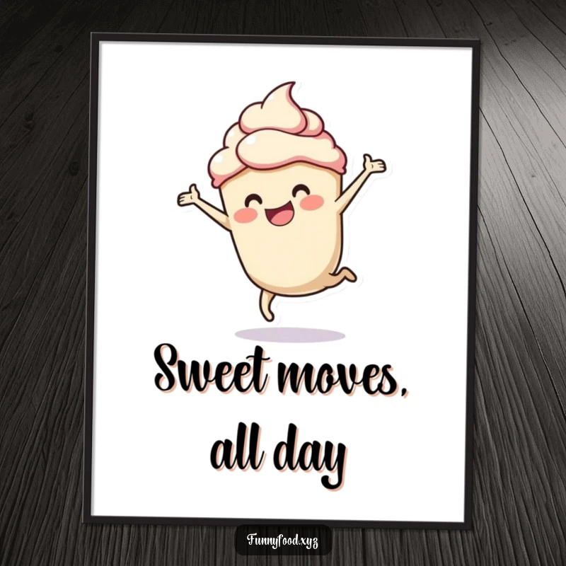 Funny digital art print of a cupcake doing a cartwheel, bringing instant sweet fun.
