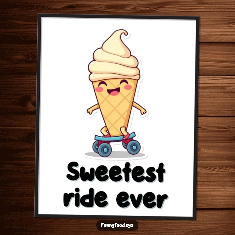 Funny ice cream cone digital art print of a contented character smiling joyfully while riding on a tiny roller skate, offering cool decor.