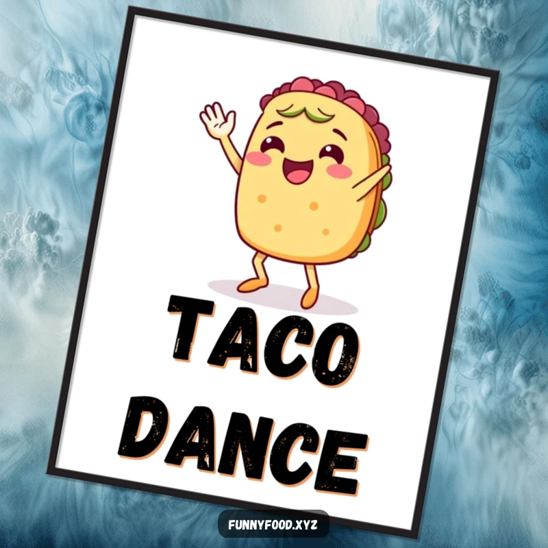 Cheerful anthropomorphic taco with legs, enthusiastically waving and doing a lively jig, capturing pure festive happiness.