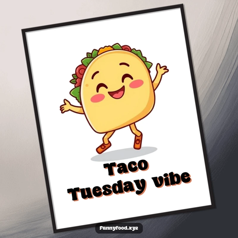 Funny digital art print of a smiling taco with legs doing a goofy salsa dance, ideal for humorous decor.