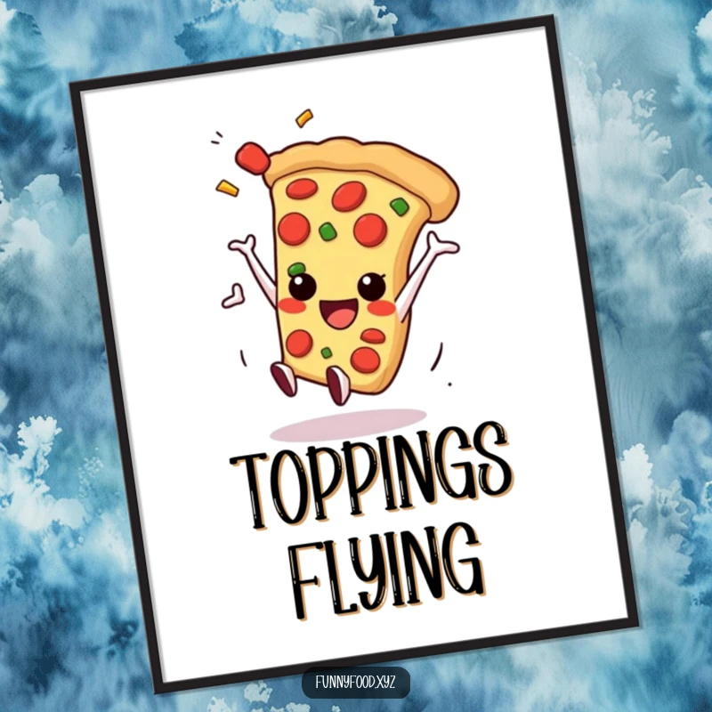 Funny pizza slice mid-somersault with toppings flying dynamically, capturing a moment of pure, delicious fun.