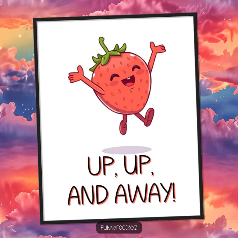 Funny digital art of a gleeful anthropomorphic strawberry leaping playfully, a humorous and printable artwork.