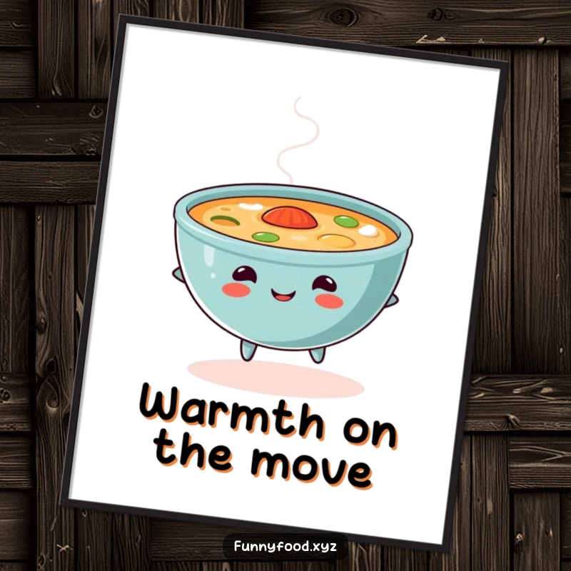 Funny soup digital art print, showing a skipping bowl of soup with steam, cute and humorous for immediate download.