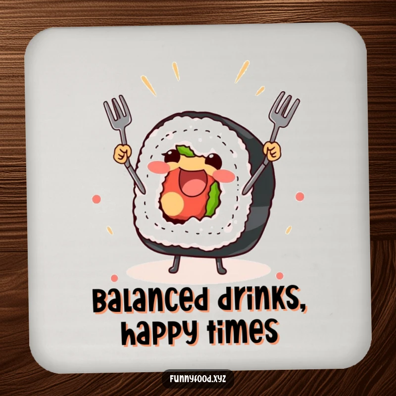 Funny coasters featuring a joyful sushi roll juggling forks, protecting surfaces with humor.