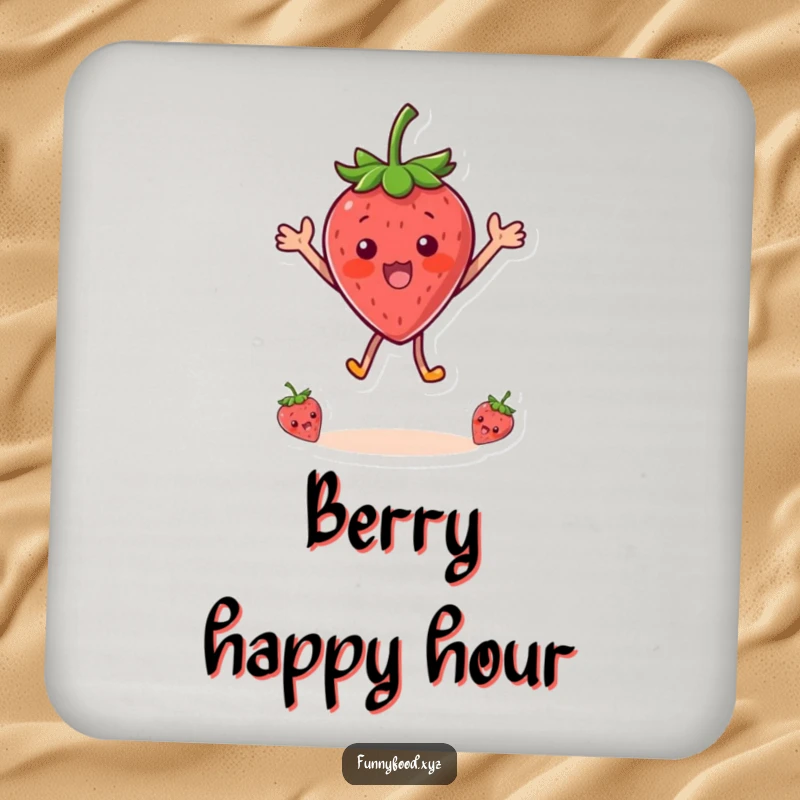 Funny drink coaster featuring a surprised strawberry character in a dynamic jump, adding a playful and humorous element to table settings.