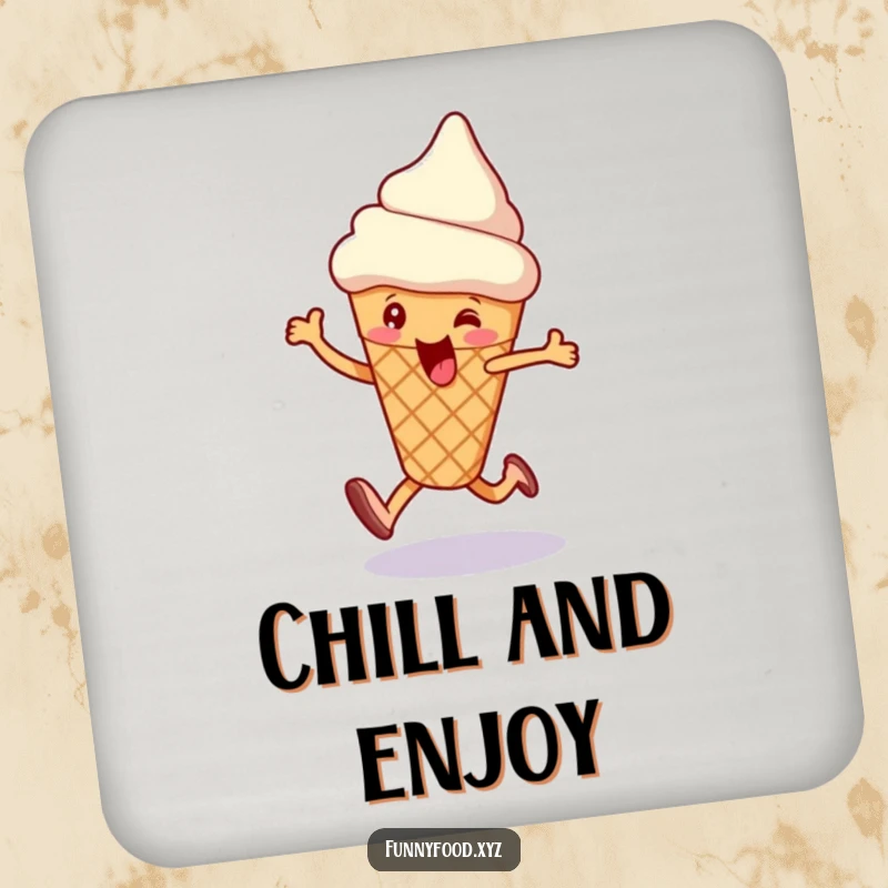 Funny drink coaster showcasing a happy skipping ice cream cone, bringing a sweet and humorous touch to any surface.