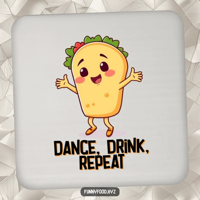 A set of coasters featuring a funny taco character doing a silly dance, adding humorous flair.