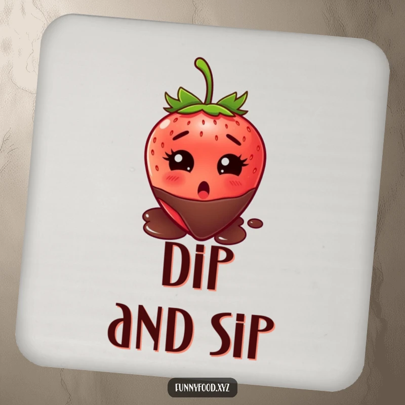 Funny strawberry coaster, eyes wide with surprise, about to be dipped in chocolate, a humorous and protective drink accessory.