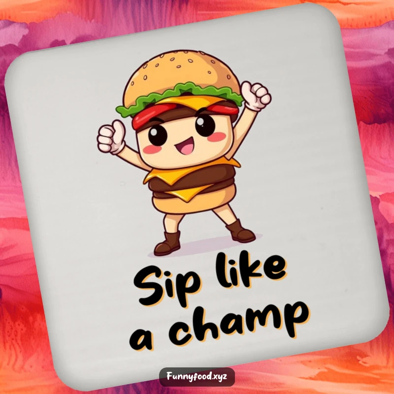 Funny proud burger hero striking a pose, printed on drink coasters for humorous surface protection.