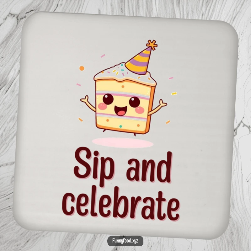 Funny happy cake slice coaster, wearing a party hat, bouncing with sprinkles, a humorous and protective drink accessory.