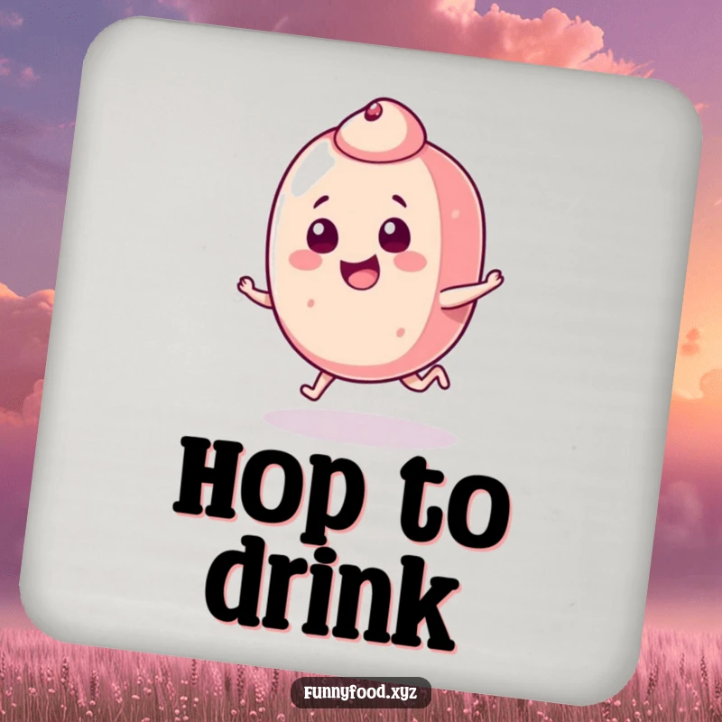 Funny candy piece coasters showing a cheerful candy doing a mischievous hop, protecting furniture with playful humor.