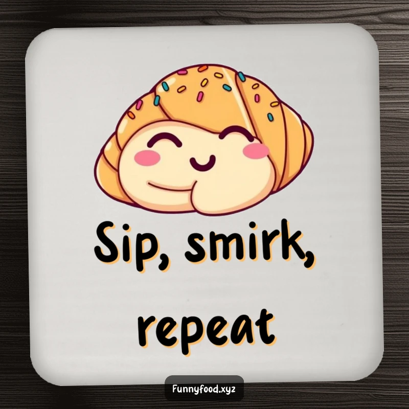 Funny drink coaster showcasing a winking croissant, protecting surfaces with a humorous and delightful touch.