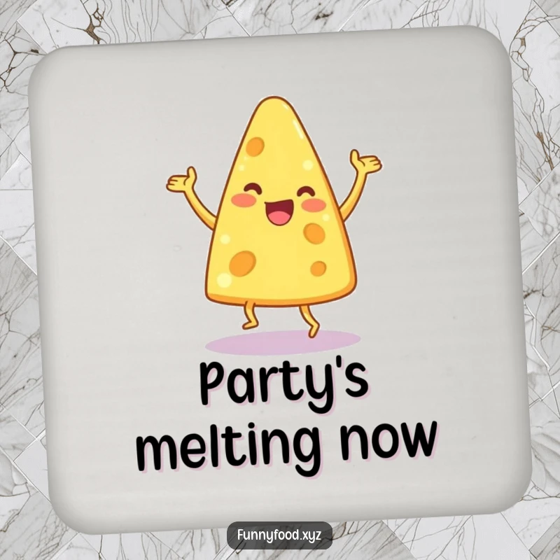 Funny drink coaster showing a delighted anthropomorphic cheese wedge in a silly, exciting dance.