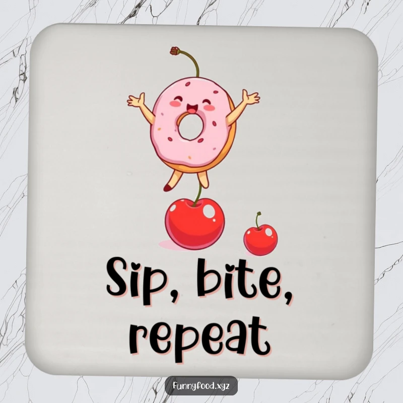 Funny Donut Coaster featuring a happy donut person balancing on a cherry, adding flair to drinks.