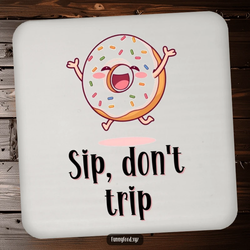 Funny donut coaster featuring a delighted donut with sprinkles joyfully leaping, protecting surfaces with humor. Ideal funny gift.