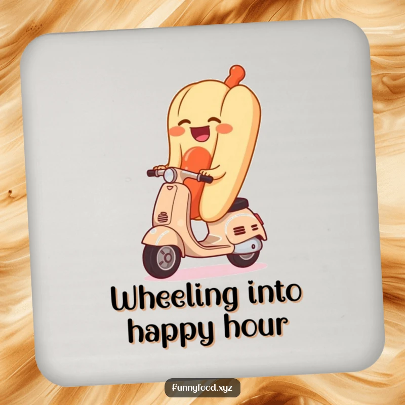 Funny drink coaster showcasing a hot dog humorously zipping on a tiny scooter, preventing drink rings with style.