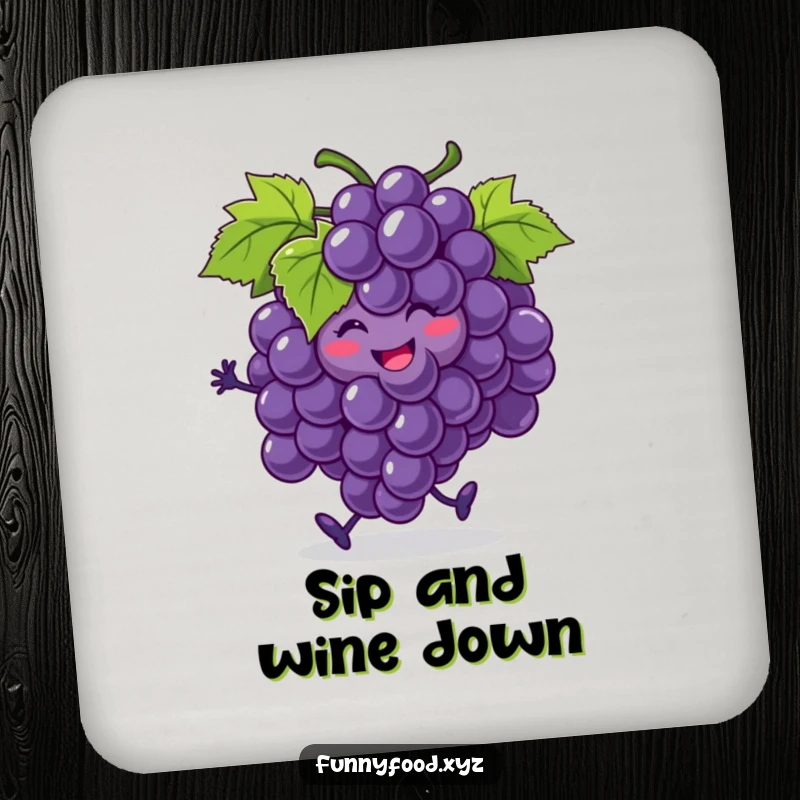 Funny bunch of grapes coaster, doing a jig, with one grape rolling, a humorous and protective drink accessory.