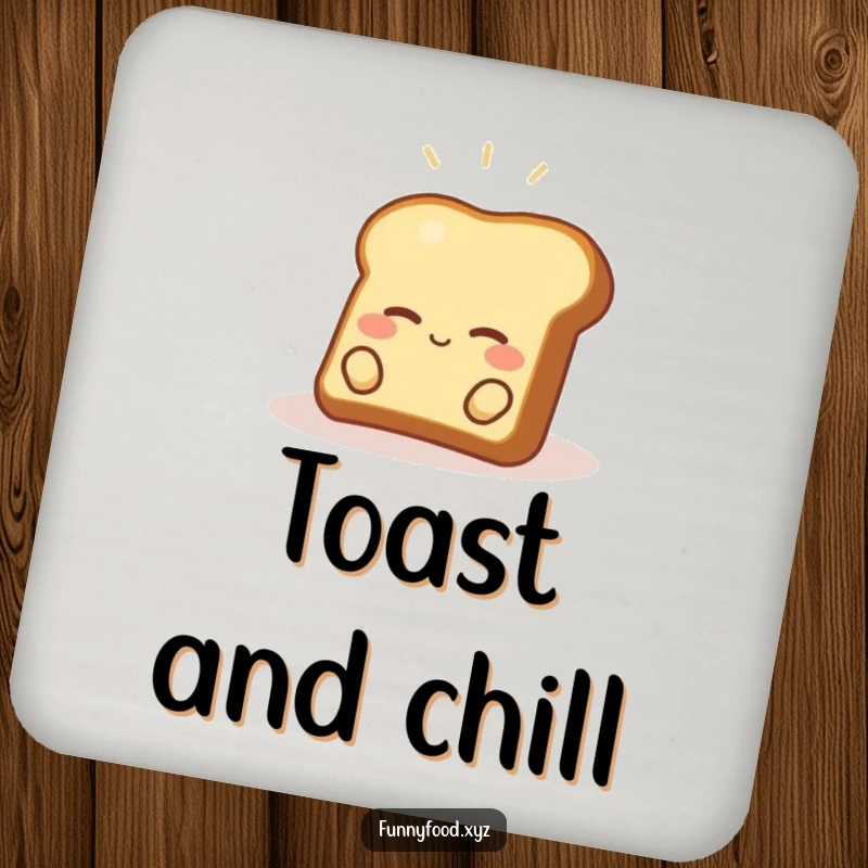Funny toast coasters showing a content piece of toast relaxing in a sunbeam, protecting furniture with cheerful humor.